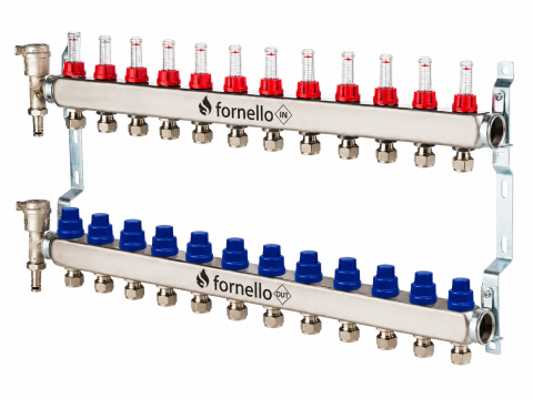 Distribuitoare cu debitmetre - Distribuitor-Colector Fornello, echipat cu debitmetre, robineti si aerisitoare, inox, filet interior, 12 cai, 1 tol