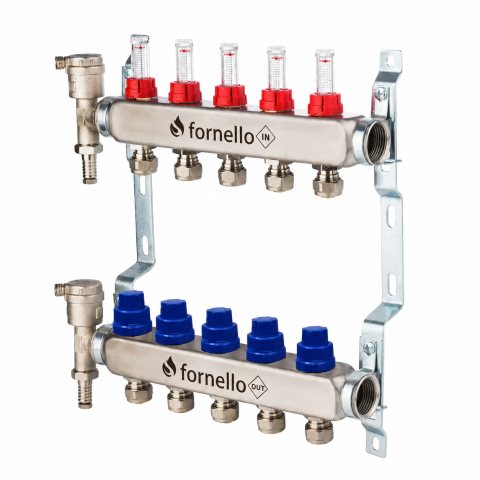 Distribuitoare cu debitmetre - Distribuitor-Colector Fornello, echipat cu debitmetre, robineti si aerisitoare, inox, filet interior, 5 cai, 1 tol