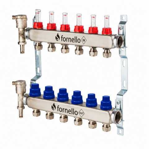 Distribuitoare cu debitmetre - Distribuitor-Colector Fornello, echipat cu debitmetre, robineti si aerisitoare, inox, filet interior, 6 cai, 1 tol