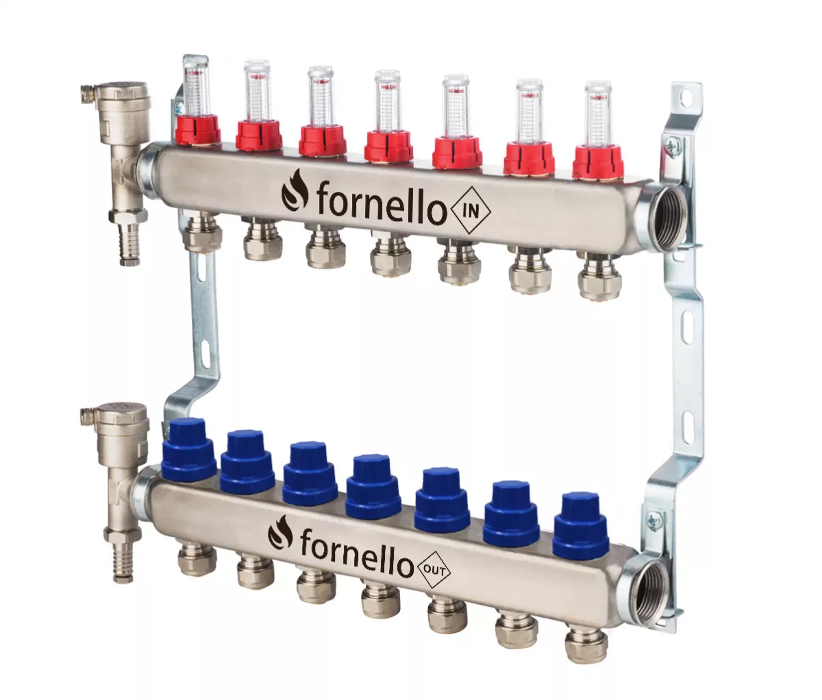 Distribuitoare cu debitmetre - Distribuitor-Colector Fornello, echipat cu debitmetre, robineti si aerisitoare, inox, filet interior, 7 cai, 1 tol