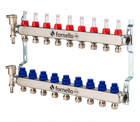 Distribuitoare cu debitmetre - Distribuitor-Colector Fornello, echipat cu debitmetre, robineti si aerisitoare, inox, filet interior, 8 cai, 1 tol