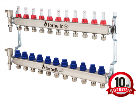 Echipamente de incalzire si producere ACM - Distribuitor-Colector Fornello, echipat cu debitmetre, robineti si aerisitoare, inox, filet interior, 11 cai, 1 tol