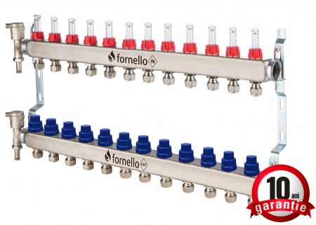 Echipamente de incalzire si producere ACM - Distribuitor-Colector Fornello, echipat cu debitmetre, robineti si aerisitoare, inox, filet interior, 12 cai, 1 tol