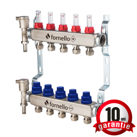 Echipamente de incalzire si producere ACM - Distribuitor-Colector Fornello, echipat cu debitmetre, robineti si aerisitoare, inox, filet interior, 5 cai, 1 tol
