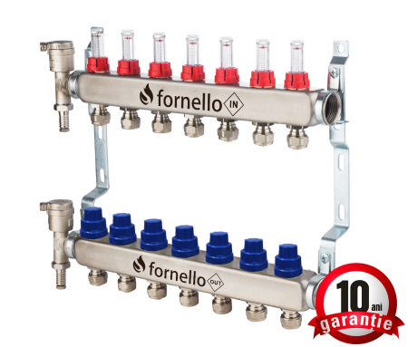 Echipamente de incalzire si producere ACM - Distribuitor-Colector Fornello, echipat cu debitmetre, robineti si aerisitoare, inox, filet interior, 7 cai, 1 tol
