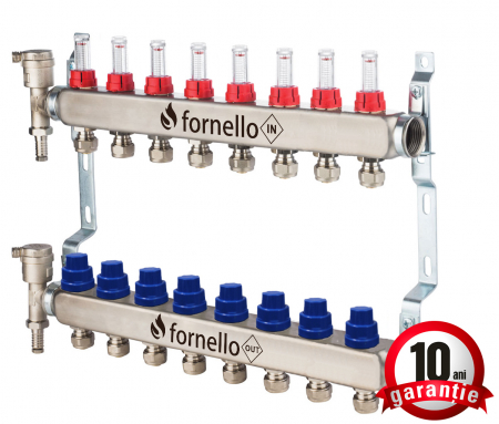 Echipamente de incalzire si producere ACM - Distribuitor-Colector Fornello, echipat cu debitmetre, robineti si aerisitoare, inox, filet interior, 8 cai, 1 tol