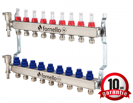 Echipamente de incalzire si producere ACM - Distribuitor-Colector Fornello, echipat cu debitmetre, robineti si aerisitoare, inox, filet interior, 9 cai, 1 tol