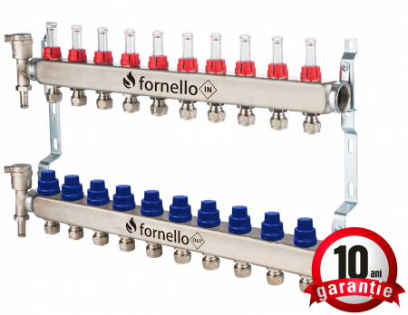 Echipamente de incalzire si producere ACM - Distribuitor-Colector Fornello, echipat cu debitmetre, robineti si aerisitoare, inox, filet interior, 10 cai, 1 tol