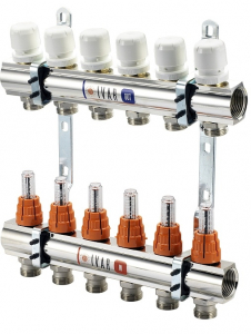 Distribuitoare cu debitmetre - Set distribuitor/colector IVAR din ALAMA BARA 1" X 3/4 EK cu 8 circuite cu robineti si debitmetru
