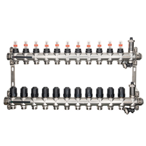 Incalzire in pardoseala - Distribuitor cu debitmetru Hoffman pentru incalzire in pardoseala 11 circuite 1" x 3/4"