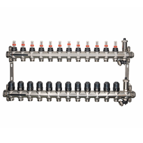 Distribuitoare cu debitmetre - Distribuitor cu debitmetru Hoffman pentru incalzire in pardoseala 12 circuite 1" x 3/4"