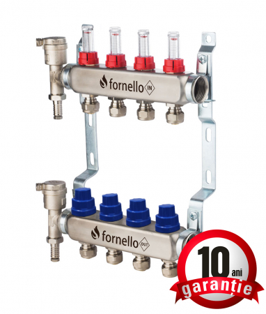 Echipamente de incalzire si producere ACM - Distribuitor-Colector Fornello, echipat cu debitmetre, robineti si aerisitoare, inox, filet interior, 4 cai, 1 tol