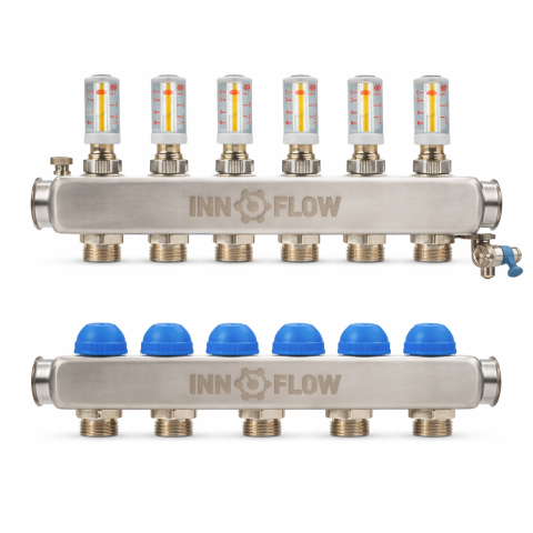 Incalzire - Distribuitor incalzire in pardoseala din inox Innoflow-M 1" x 3/4", 2 circuite, 6 l/min, cu debitmetre si robineti termostatici