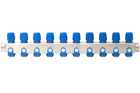 Robineti, distribuitoare si accesorii radiatoare - Distribuitor inox 10 cai cu robineti albastru Ermetiq 1tol x 3/4 