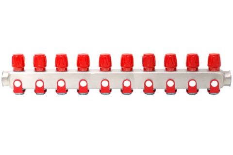 Robineti, distribuitoare si accesorii radiatoare - Distribuitor inox 10 cai cu robineti rosu Ermetiq 1tol x 3/4 