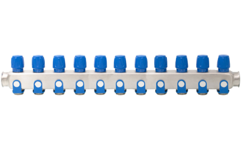Robineti, distribuitoare si accesorii radiatoare - Distribuitor inox 11 cai cu robineti albastru Ermetiq 1tol x 3/4 