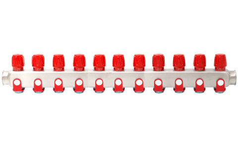 Robineti, distribuitoare si accesorii radiatoare - Distribuitor inox 11 cai cu robineti rosu Ermetiq 1tol x 3/4 