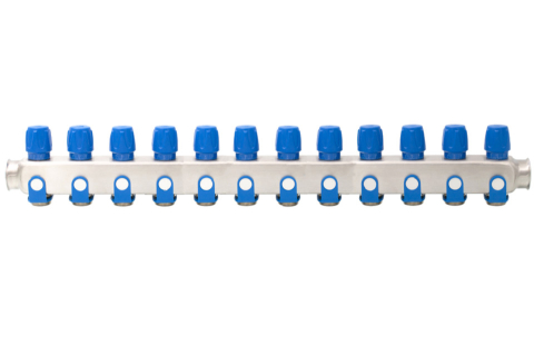 Robineti, distribuitoare si accesorii radiatoare - Distribuitor inox 12 cai cu robineti albastru Ermetiq 1tol x 3/4 