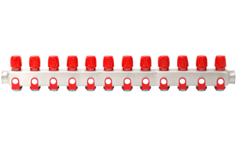 Robineti, distribuitoare si accesorii radiatoare - Distribuitor inox 12 cai cu robineti rosu Ermetiq 1tol x 3/4 
