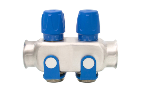 Robineti, distribuitoare si accesorii radiatoare - Distribuitor inox 2 cai cu robineti albastru Ermetiq 1tol x 3/4 