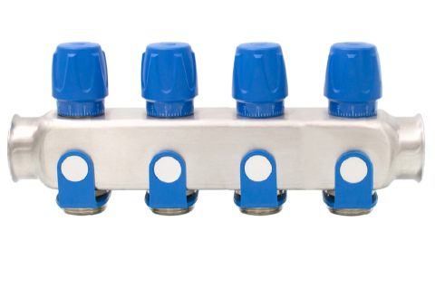 Robineti, distribuitoare si accesorii radiatoare - Distribuitor inox 4 cai cu robineti albastru Ermetiq 1tol x 3/4 
