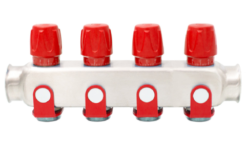 Robineti, distribuitoare si accesorii radiatoare - Distribuitor inox 4 cai cu robineti rosu Ermetiq 1tol x 3/4 