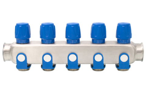 Robineti, distribuitoare si accesorii radiatoare - Distribuitor inox 5 cai cu robineti albastru Ermetiq 1tol x 3/4 