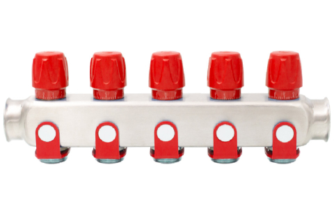 Robineti, distribuitoare si accesorii radiatoare - Distribuitor inox 5 cai cu robineti rosu Ermetiq 1tol x 3/4 