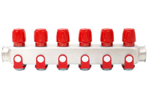 Robineti, distribuitoare si accesorii radiatoare - Distribuitor inox 6 cai cu robineti rosu Ermetiq 1tol x 3/4 