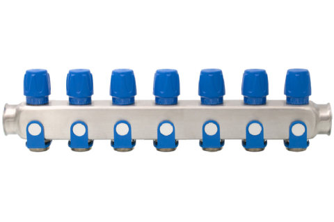 Robineti, distribuitoare si accesorii radiatoare - Distribuitor inox 7 cai cu robineti albastru Ermetiq 1tol x 3/4 