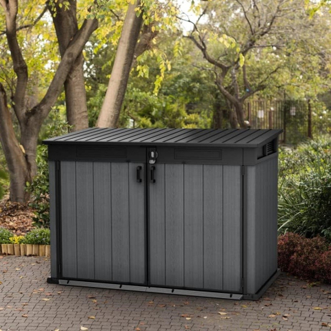 Casa si gradina - Dulap exterior pentru gradina polirasina Evotech depozitare unelte si tomberoane gri inchis Keter Cortina Mega 2020 L podea sistem hidraulic 1905 x 1093 x 1325 cm