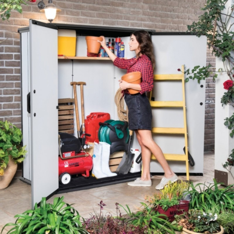 Casa si gradina - Dulap pentru gradina plastic unelte gri 2 usi Keter Premier 1365x70x172 cm rezistent la intemperii si UV cu podea si inchidere