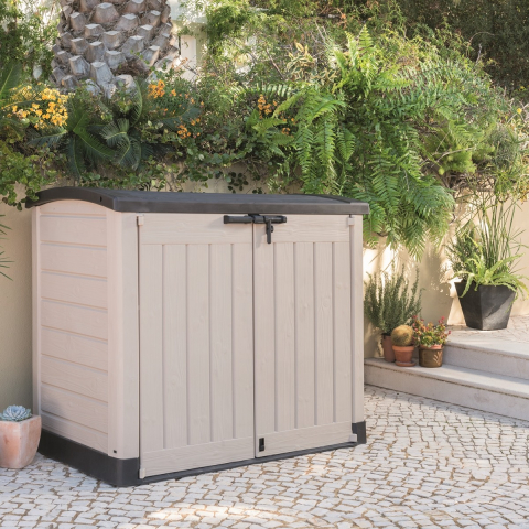 Casa si gradina - Dulap de exterior Keter Store It Out Arc plastic organizare accesorii gradina si tomberoane imitatie lemn capac cu pistoane hidraulice sistem inchidere step-on volum 1200 L
