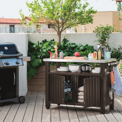 Casa si gradina - Dulap terasa maro Keter pentru depozitare material rezistent UV cu blat din otel inoxidabil 2 usi 183 L 1237 x 54 x 90 cm cu roti si carlige laterale