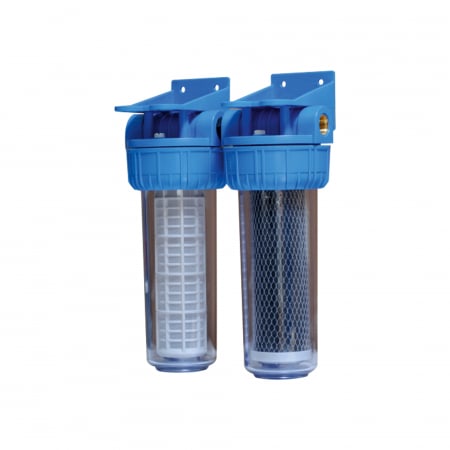 Filtre de apa - Filtru apa duplex 10" x 1" cu cartus filtrant nylon si carbune activ