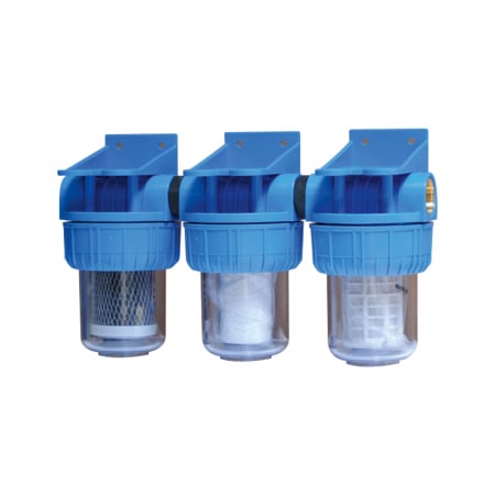 Filtre de apa - Filtru apa triplex 5" x 1" cu cartus filtrant nylon, polipropilena si carbune activ