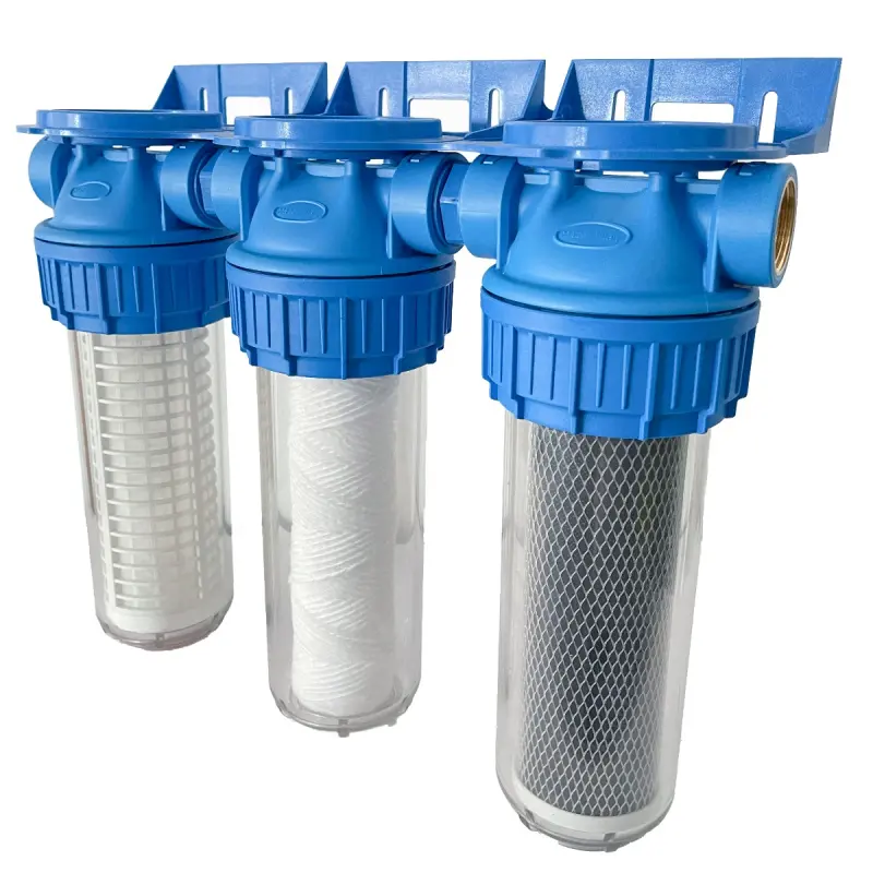Filtre de apa - Filtru apa triplex 10" x 3/4" cu cartus filtrant nylon, polipropilena si carbune activ