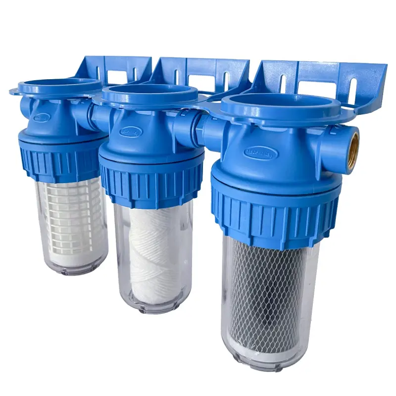 Filtre de apa - Filtru apa triplex 7" x 1/2" cu cartus filtrant nylon, polipropilena si carbune activ