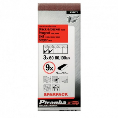 Scule si echipamente pentru constructii - Set 9 benzi abrazive asortate Black+Decker 75x457 mm - X33471