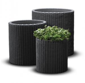 Set 3 ghivece cilindrice, negre, imitatie de ratan, Keter S M L [1]