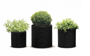 Ghivece pentru flori - Set 3 ghivece cilindrice, negre, imitatie de ratan, Keter S M L
