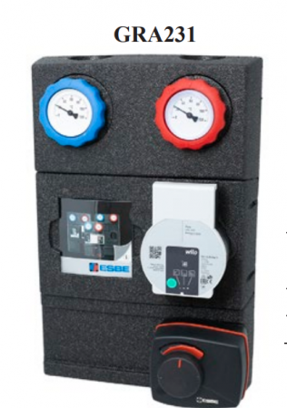 Grupuri de circulatie - Grup de circulatie cu ventil de amestec VRG si servomotor ARA639 integrate, cu pompa electronica Wilo Para 25/8 cu inaltime de pompare 8mCA, racord 1-1/4, 2 termometre si robineti cu bila integrati