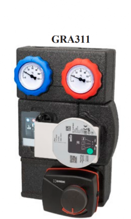 Grupuri de circulatie - Grup de circulatie cu ventil de amestec VRG438 si servomotor ARA561 integrate, cu pompa electronica Wilo Para STG 15/8, racord 3/4, 2 termometre si robineti cu bila integrati, termoizolatie. Distribui