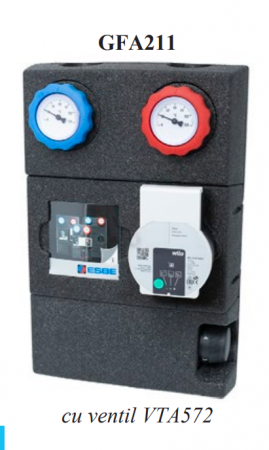 Grupuri de circulatie - Grup de circulatie cu ventil termostatic de amestec VTA572 integrat, cu pompa electronica Wilo Para 25/8 cu inaltime de pompare 8mCA, racord 1-1/4, 2 termometre si robineti cu bila integrati