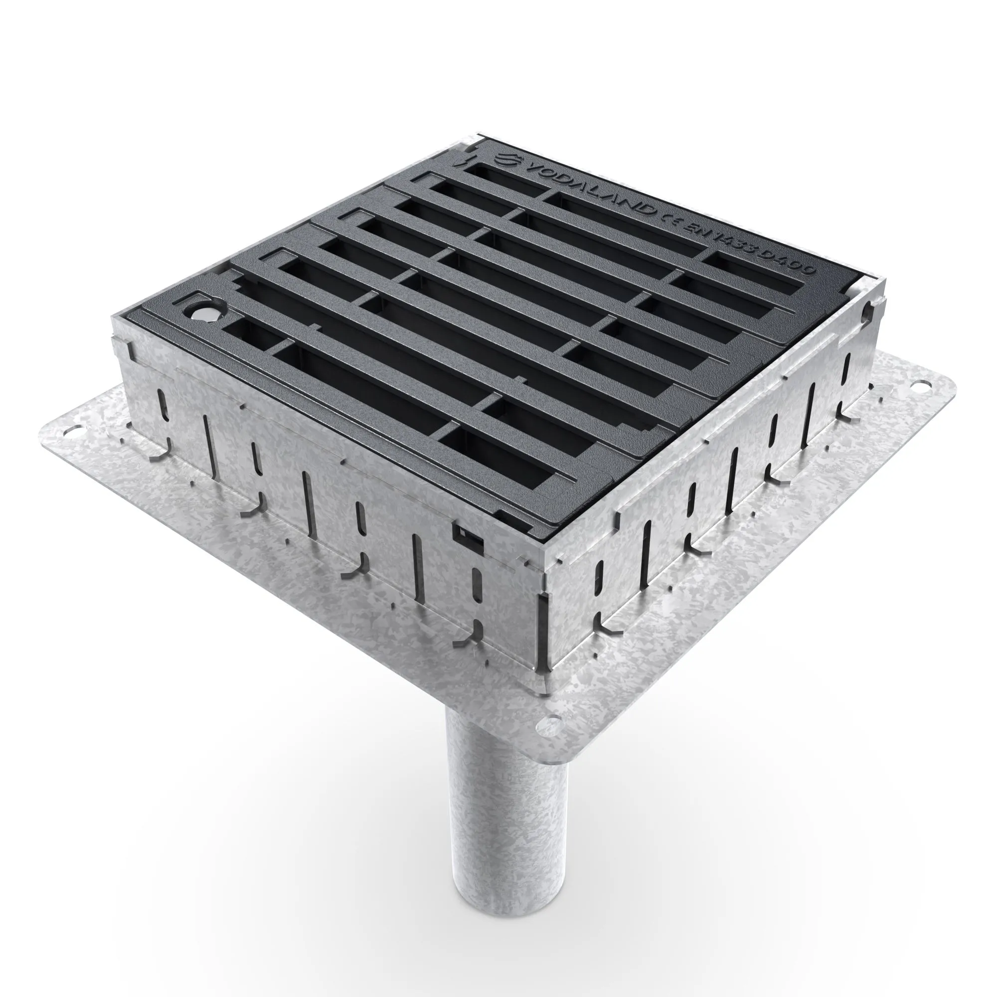 Instalatii de apa si canalizare - Gura de scurgere otel zincat PRO BRIDGE 400x400 Tip C iesire verticala mijloc DN110 teava H450 cu gratar fonta D400 500x500x550 Vodaland gama Drain