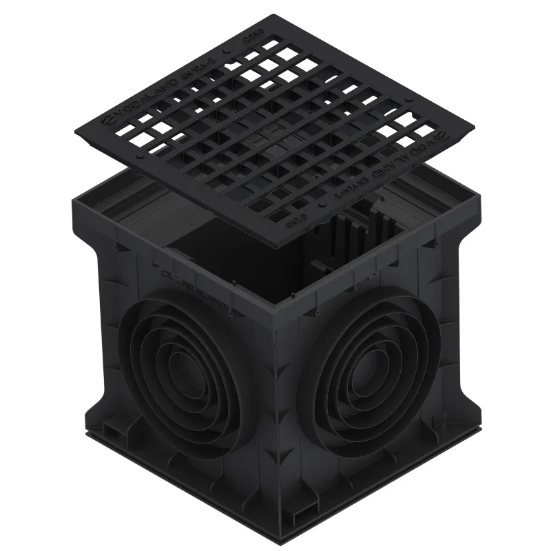 Instalatii de apa si canalizare - Kit camin PP BASE patrat negru gratar grila fonta C250 400x400 si cos parafrunzar Vodaland gama Drain