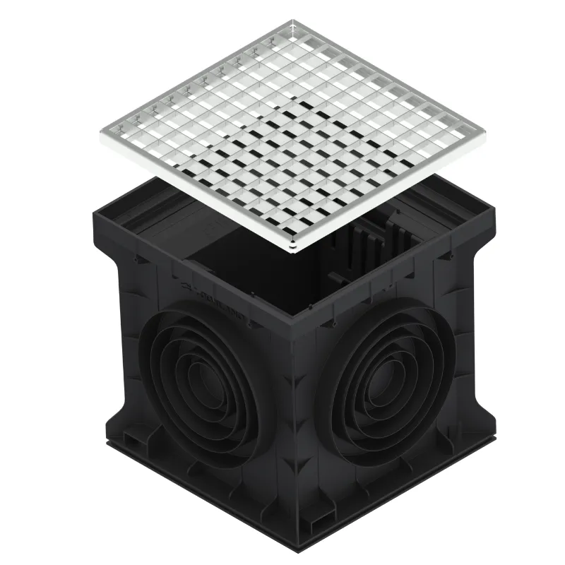 Instalatii de apa si canalizare - Kit camin PP BASE patrat negru gratar grila otel zincat A15 400x400 si cos parafrunzar Vodaland gama Drain