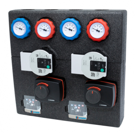 Grupuri de circulatie - Kit complet dublu, ultracompact compus din: distribuitor colector integrat, 2 Grupuri de circulatie cu ventil de amestec VRG si servomotor ARA661, ambele cu pompa electronica Wilo Para STG 15/8