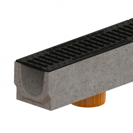 Tevi, fitinguri, robineti si accesorii - Kit rigola din fibrobeton seria model BASE, LN100 Hext.125 gratar din fonta clasica C250 iesire verticala 1000x140x125 - Vodaland gama Drain