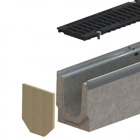 Tevi, fitinguri, robineti si accesorii - Kit rigola din fibrobeton seria PRO LN100 Hext.120 muchii otel zincat gratar din fonta D400 1000x160x120 - Vodaland gama Drain